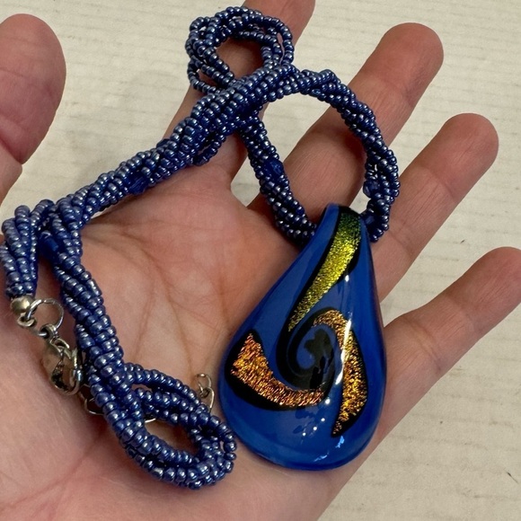 Art Glass Blue Hand Blown Glass Pendant With Seed Bead Multi-Strand Necklace - Picture 16 of 16